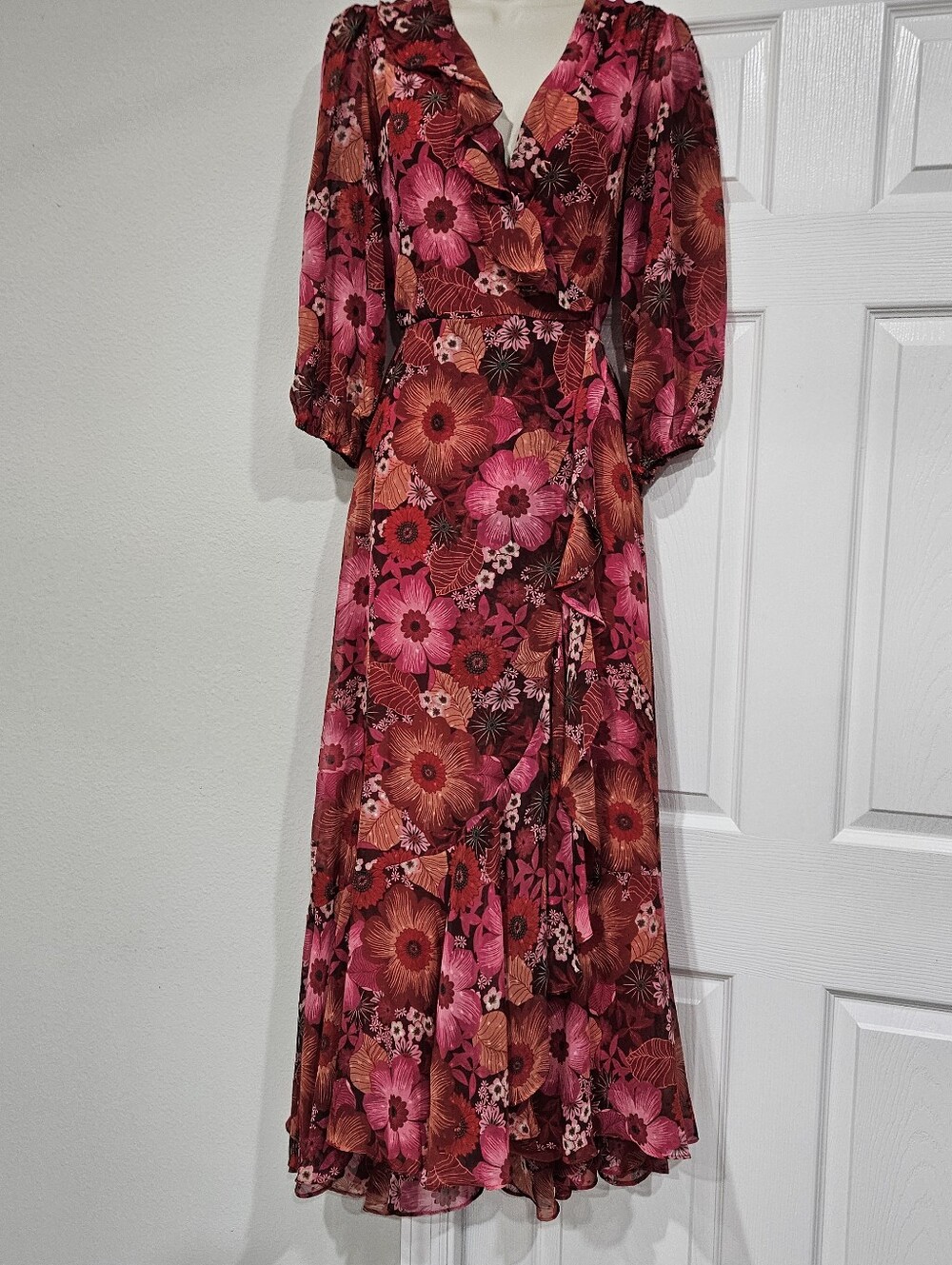 Maison Tara Fuchsia and Red Floral Wrap Maxi Dress